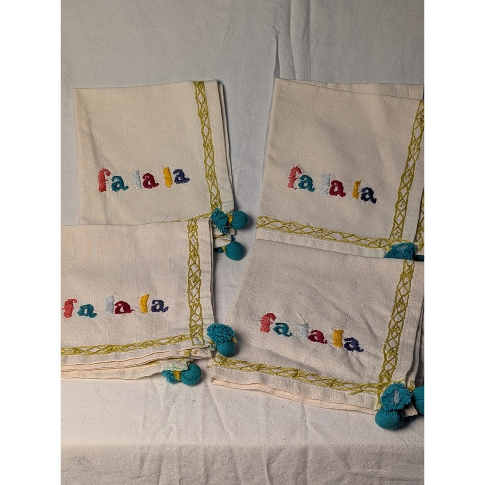 Set of 4 Fa La La Embroidered Christmas Napkins Cream with Teal Pom Tassels